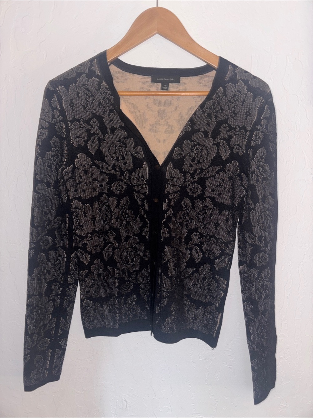 Ann Taylor Black Cardigan with Floral Jacquard